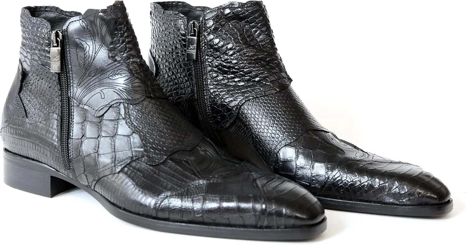 2992 Italian Black Combo Crocodile, Lizard & Snake Leather Ankle Boots W/Zip