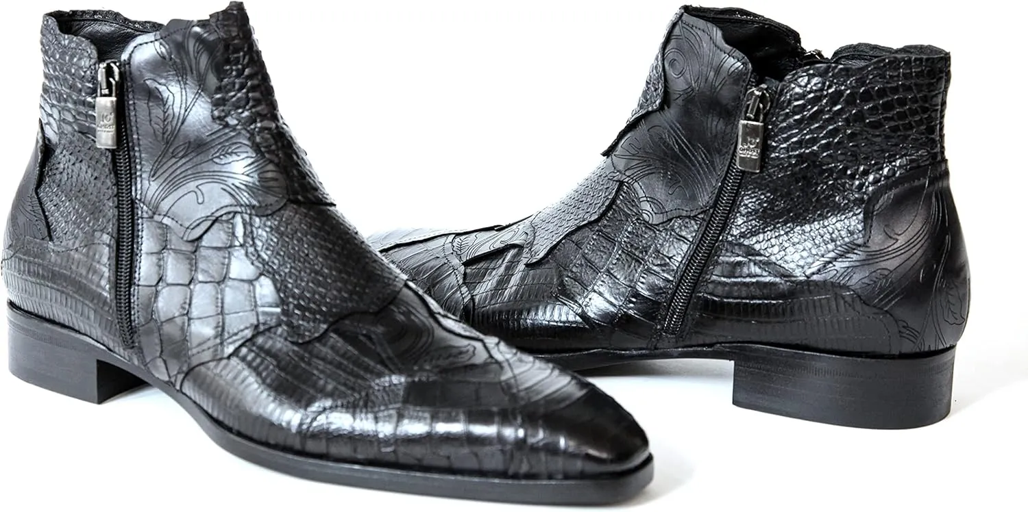 2992 Italian Black Combo Crocodile, Lizard & Snake Leather Ankle Boots W/Zip