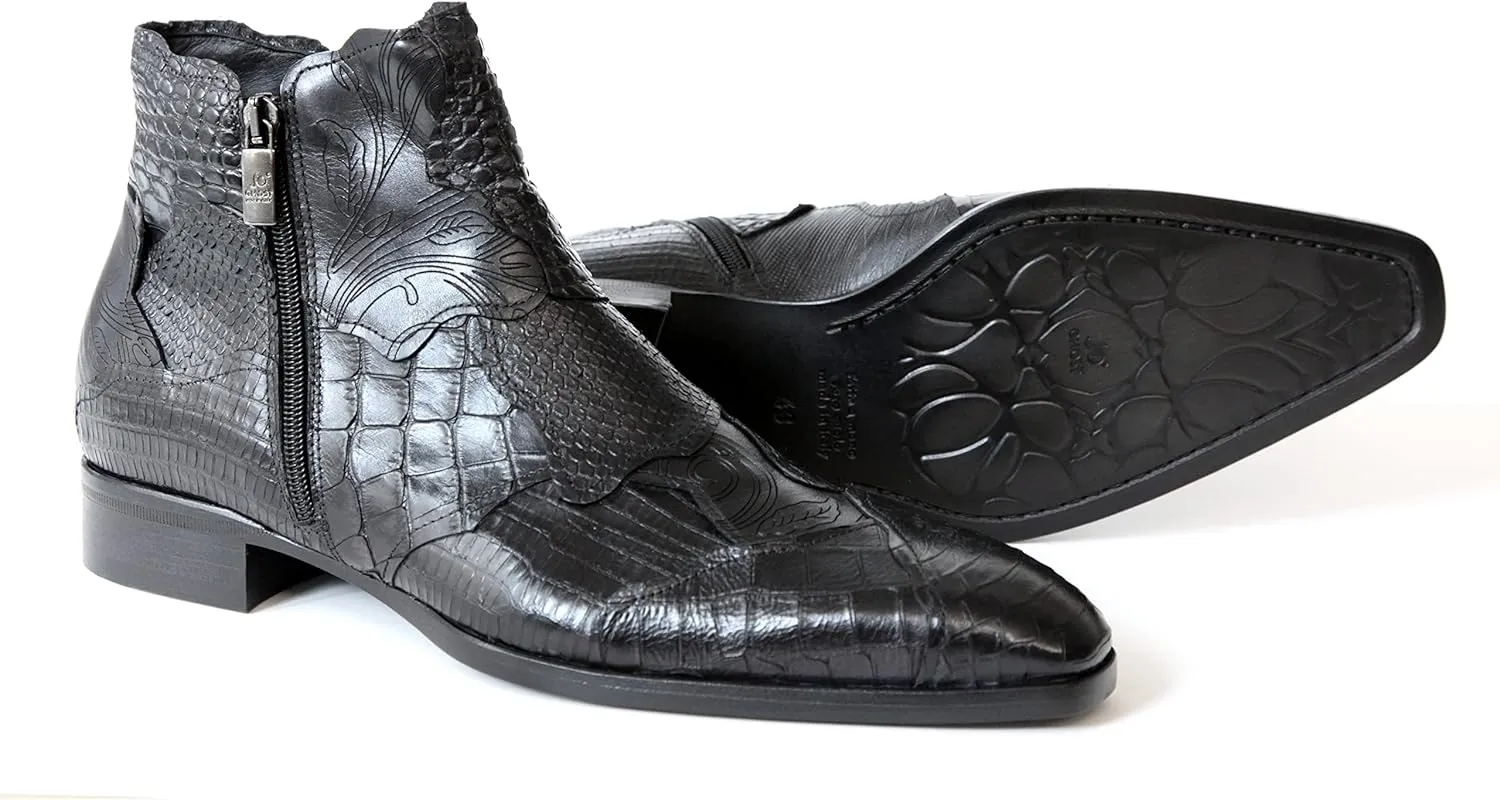 2992 Italian Black Combo Crocodile, Lizard & Snake Leather Ankle Boots W/Zip