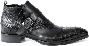 3996 Italian Black Leather W/Croc Print Ankle Boots with Zip & Buckle