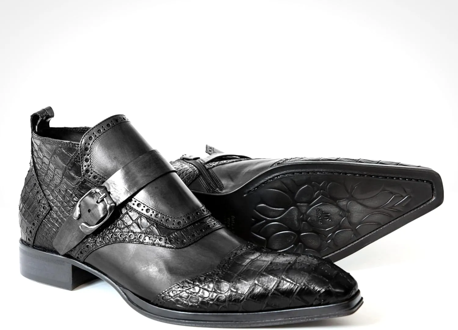 3996 Italian Black Leather W/Croc Print Ankle Boots with Zip & Buckle