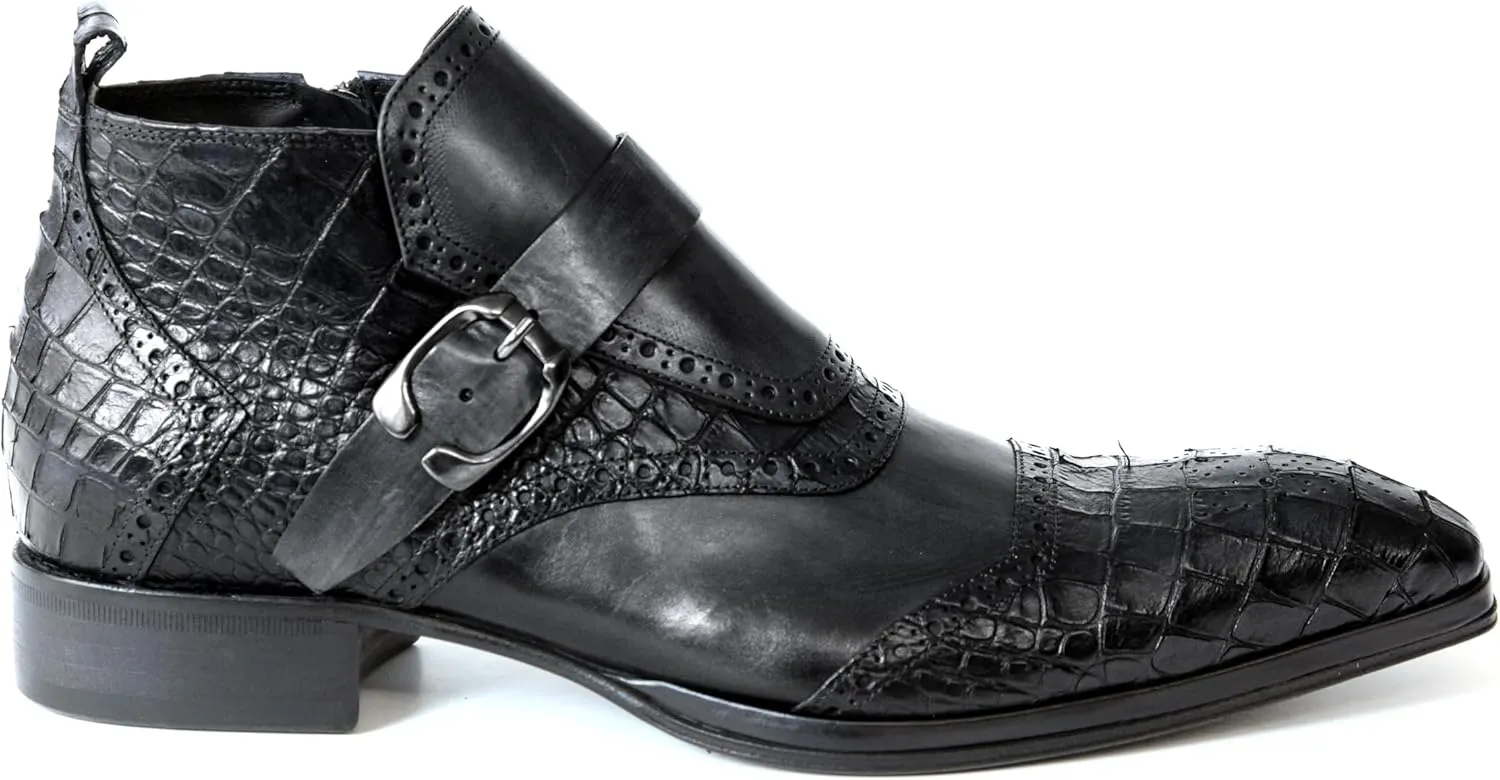3996 Italian Black Leather W/Croc Print Ankle Boots with Zip & Buckle