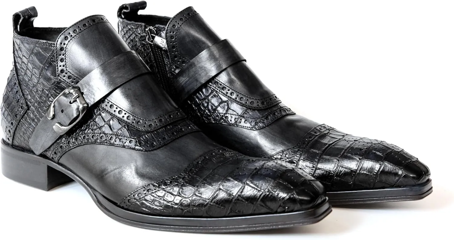 3996 Italian Black Leather W/Croc Print Ankle Boots with Zip & Buckle