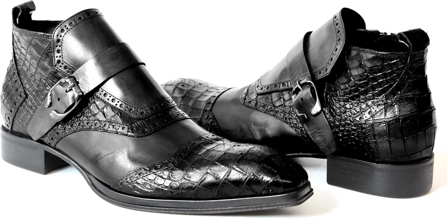 3996 Italian Black Leather W/Croc Print Ankle Boots with Zip & Buckle