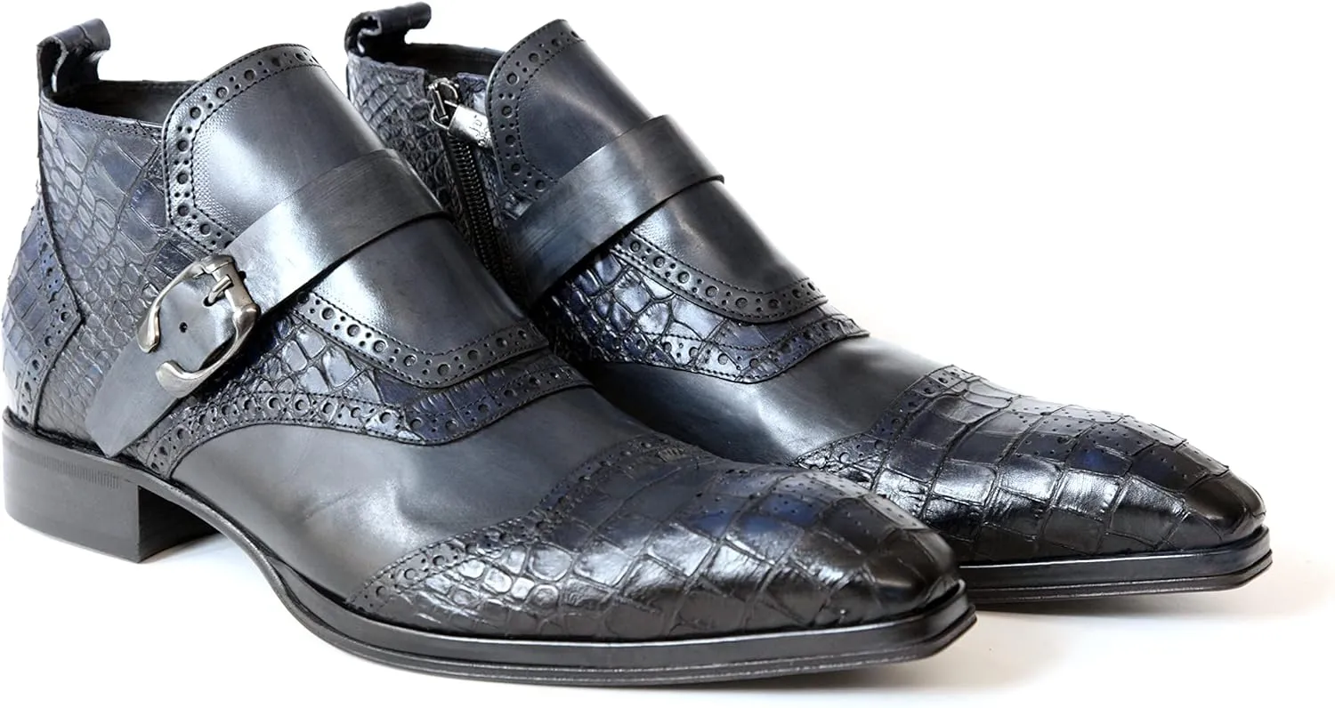3996 Italian Blue Leather W/Croc Print Ankle Boots With Zip & Buckle