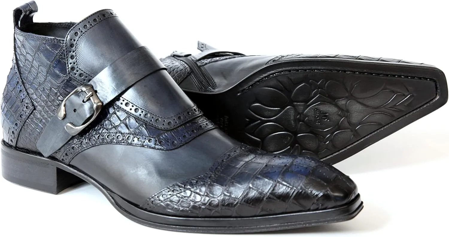 3996 Italian Blue Leather W/Croc Print Ankle Boots With Zip & Buckle