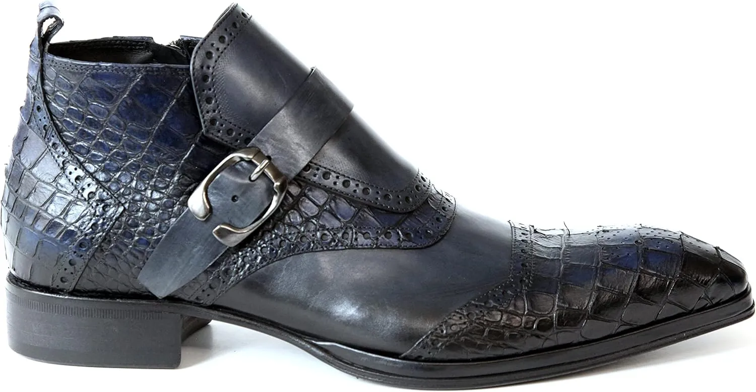 3996 Italian Blue Leather W/Croc Print Ankle Boots With Zip & Buckle