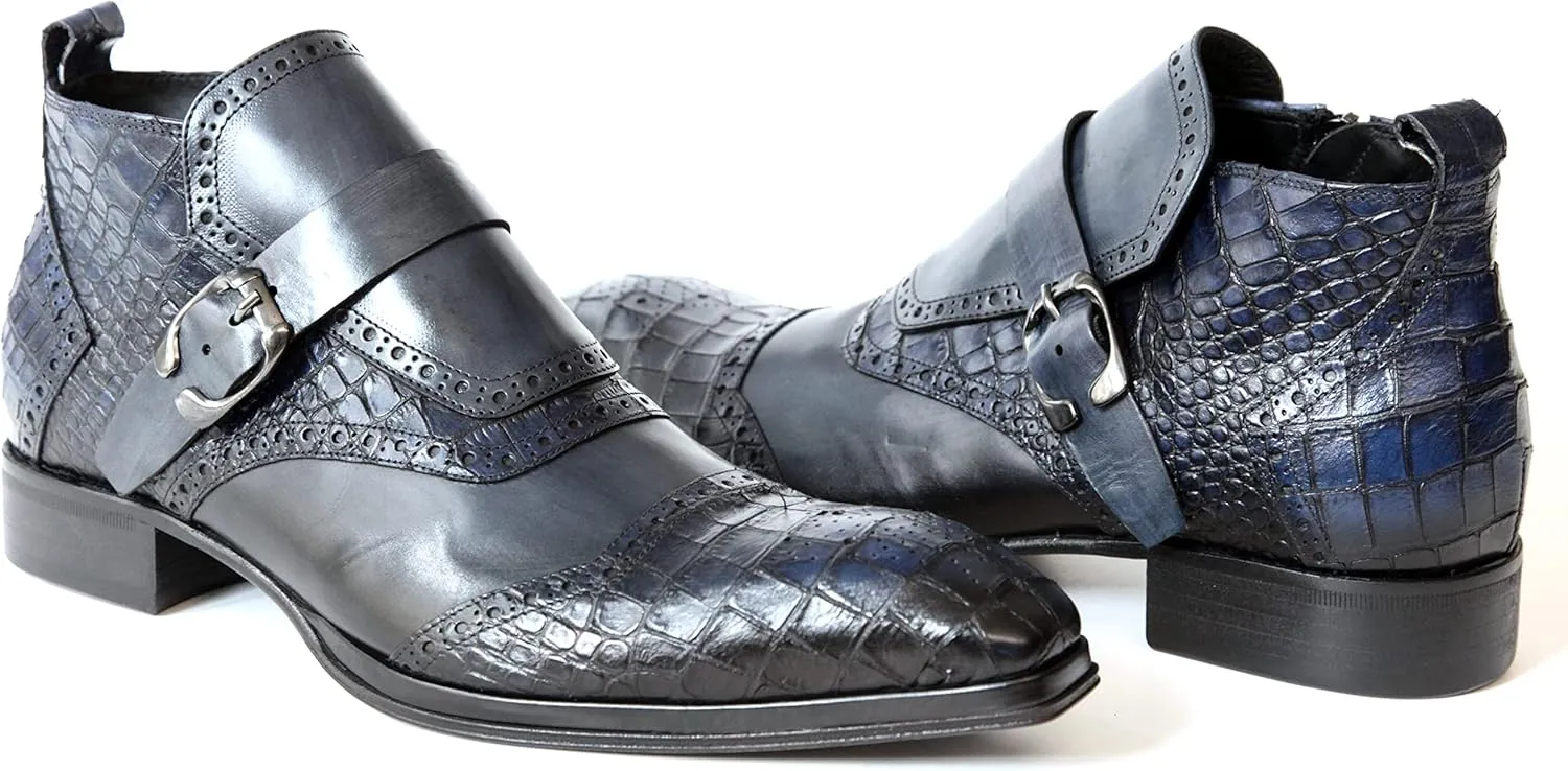 3996 Italian Blue Leather W/Croc Print Ankle Boots With Zip & Buckle