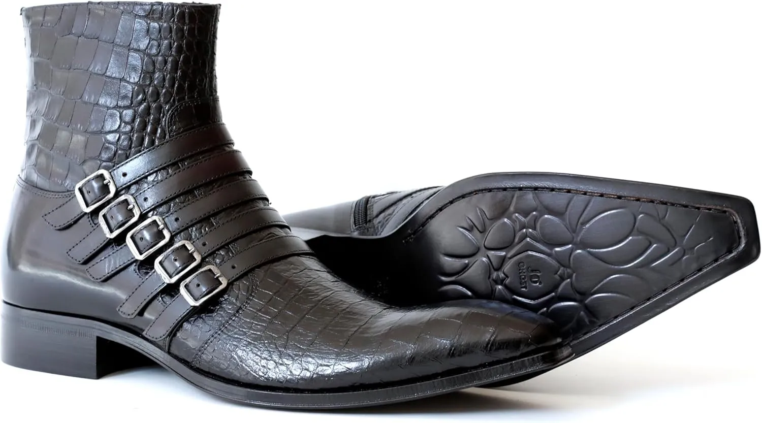 5225 Italian Black Crocodile Print Leather Ankle Boots W/Buckles