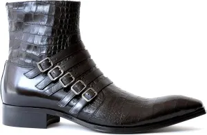 5225 Italian Black Crocodile Print Leather Ankle Boots W/Buckles