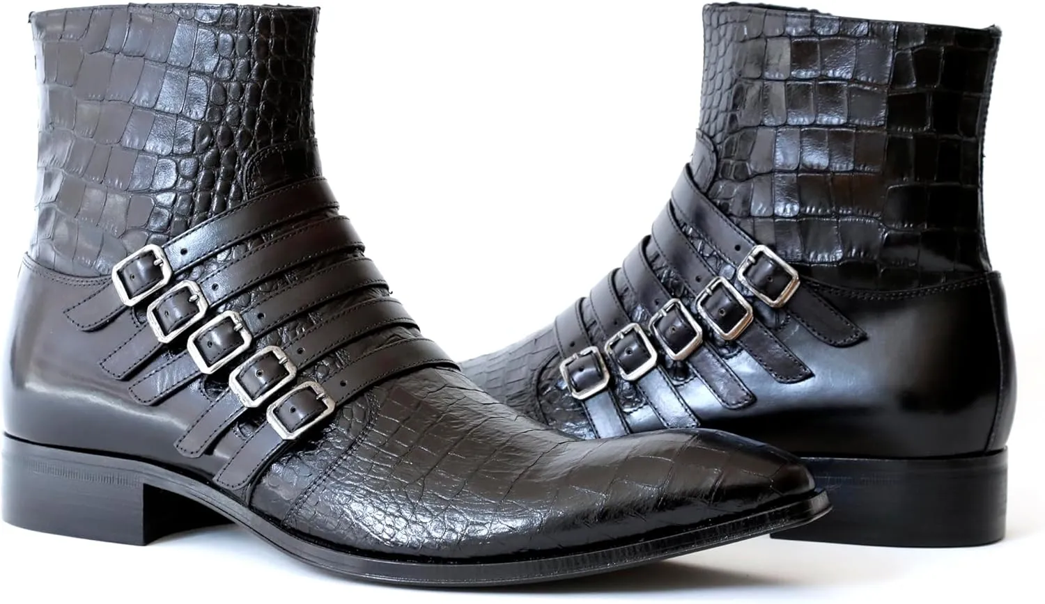 5225 Italian Black Crocodile Print Leather Ankle Boots W/Buckles