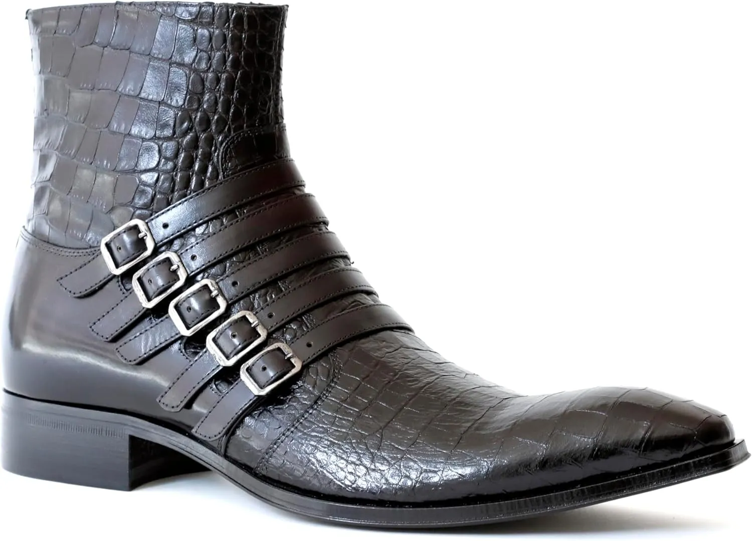 5225 Italian Black Crocodile Print Leather Ankle Boots W/Buckles