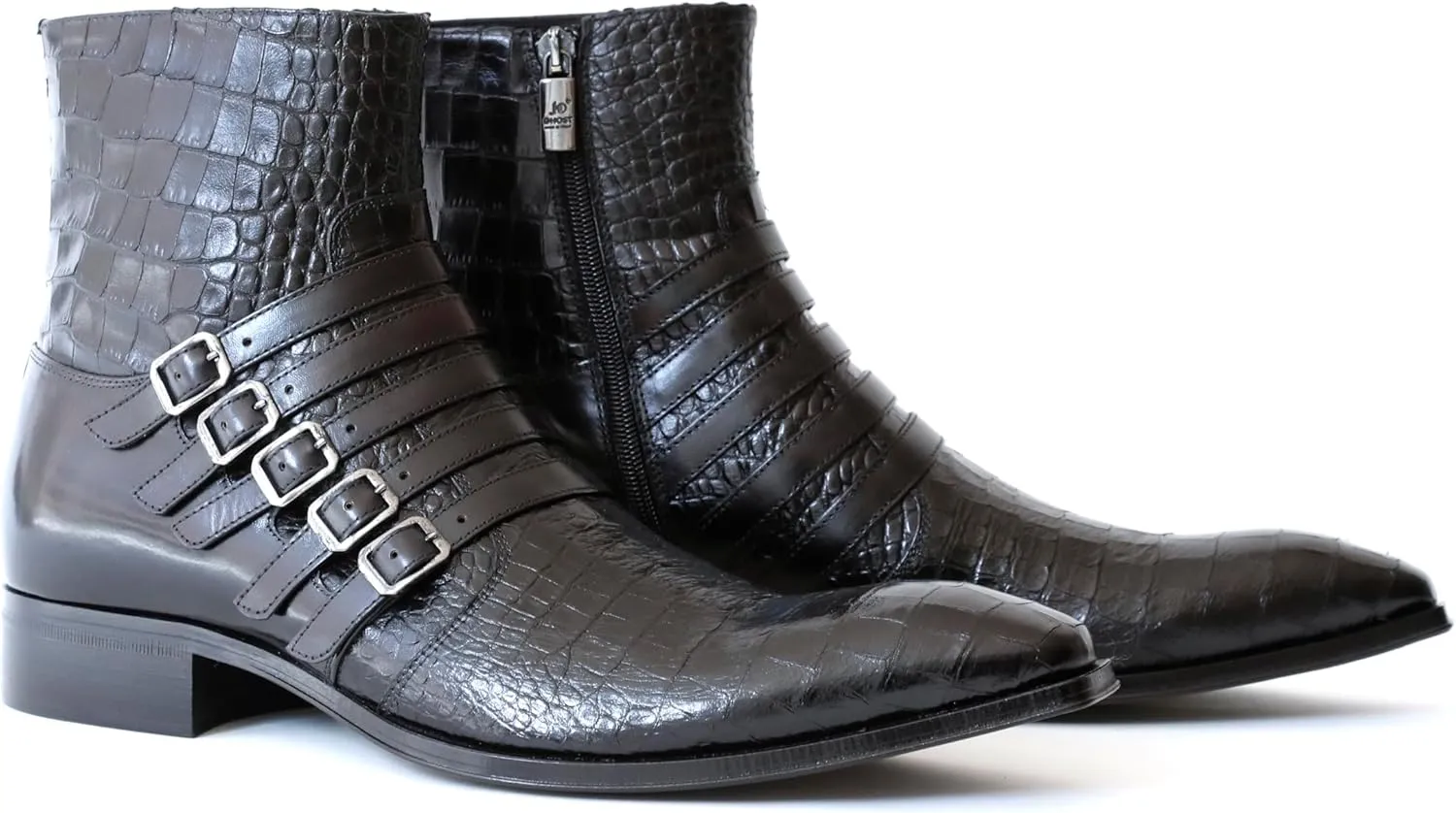 5225 Italian Black Crocodile Print Leather Ankle Boots W/Buckles
