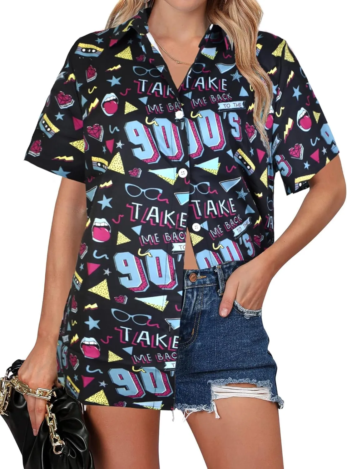 80s 90s Outfits Shirt Women Retro Disco Party Button Up Tshirt Hawaiian Beach Short Sleeve Blouse Top