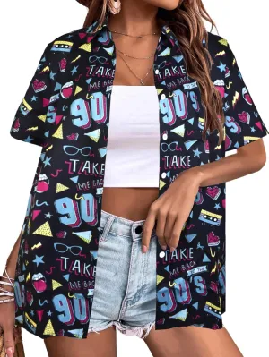 80s 90s Outfits Shirt Women Retro Disco Party Button Up Tshirt Hawaiian Beach Short Sleeve Blouse Top