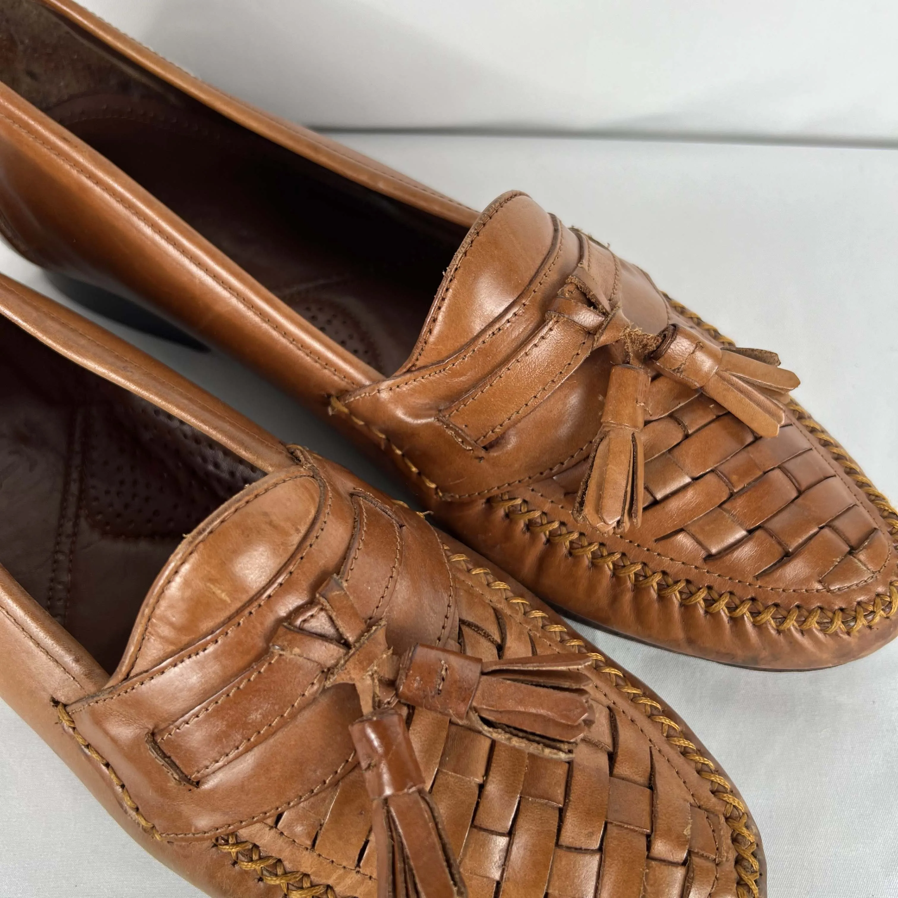 90s Tan Paneled Leather Tassel Loafers- M's 10, W's 11.5