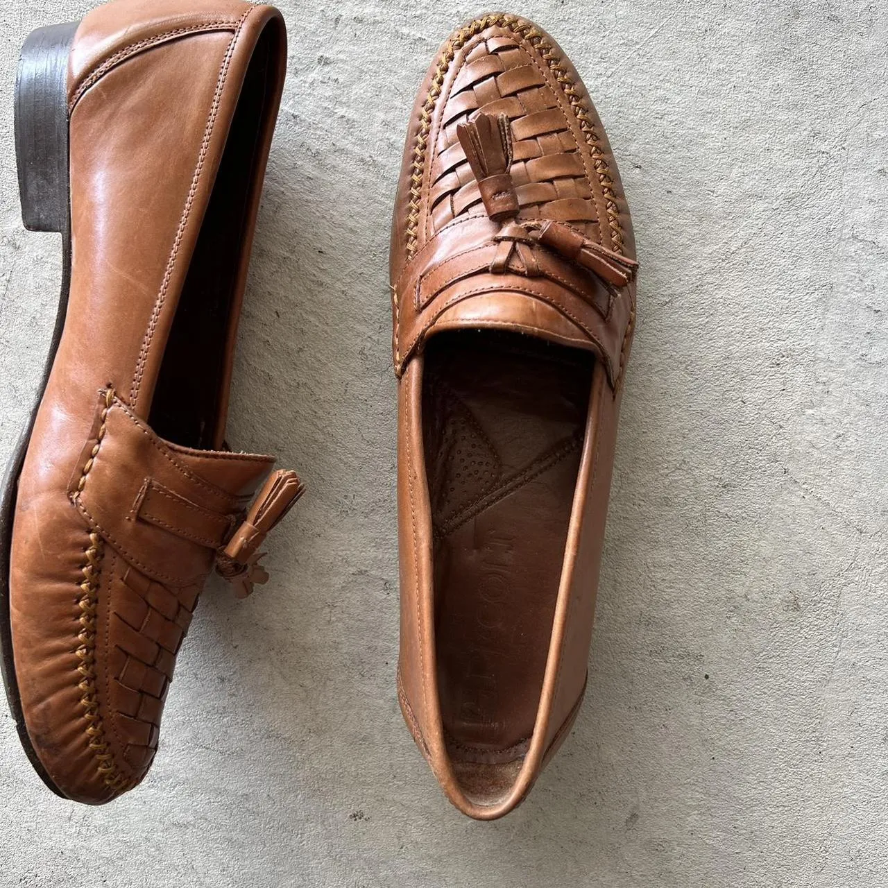 90s Tan Paneled Leather Tassel Loafers- M's 10, W's 11.5