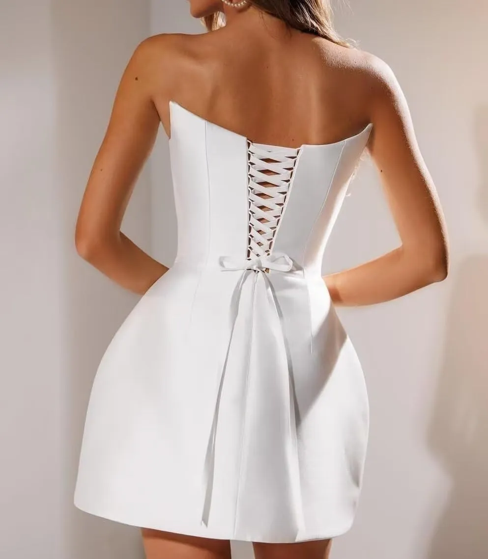 A Line Short Satin Homecoming Wedding Party Dress Strapless Sleeveless Cocktail Gratulation Mini Short Dress