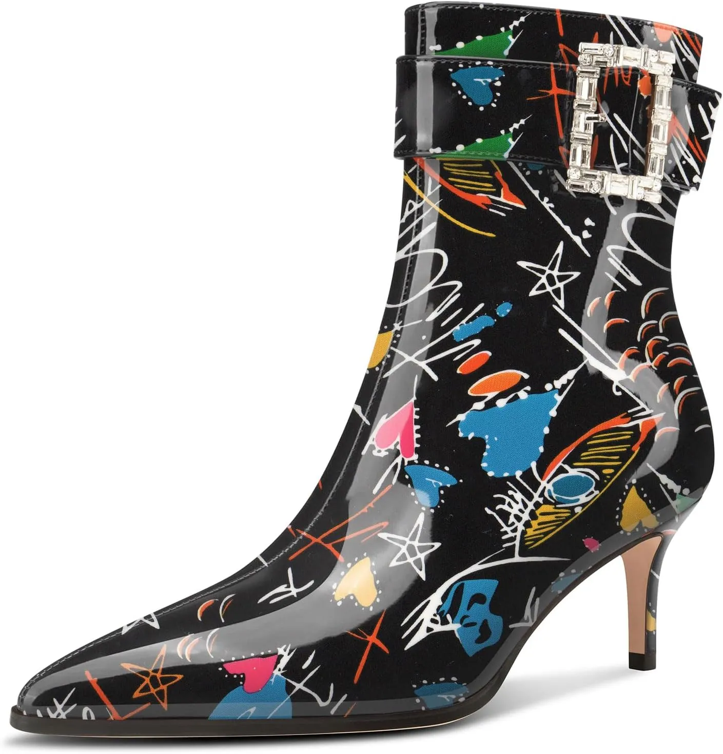 Aachcol Womens Kitten Heel Ankle Boots Pointed Toe Buckle Rhinestone Crystal Mid Calf Zipper 2.6 Inches Heels Patent Leather Dress Short Booties