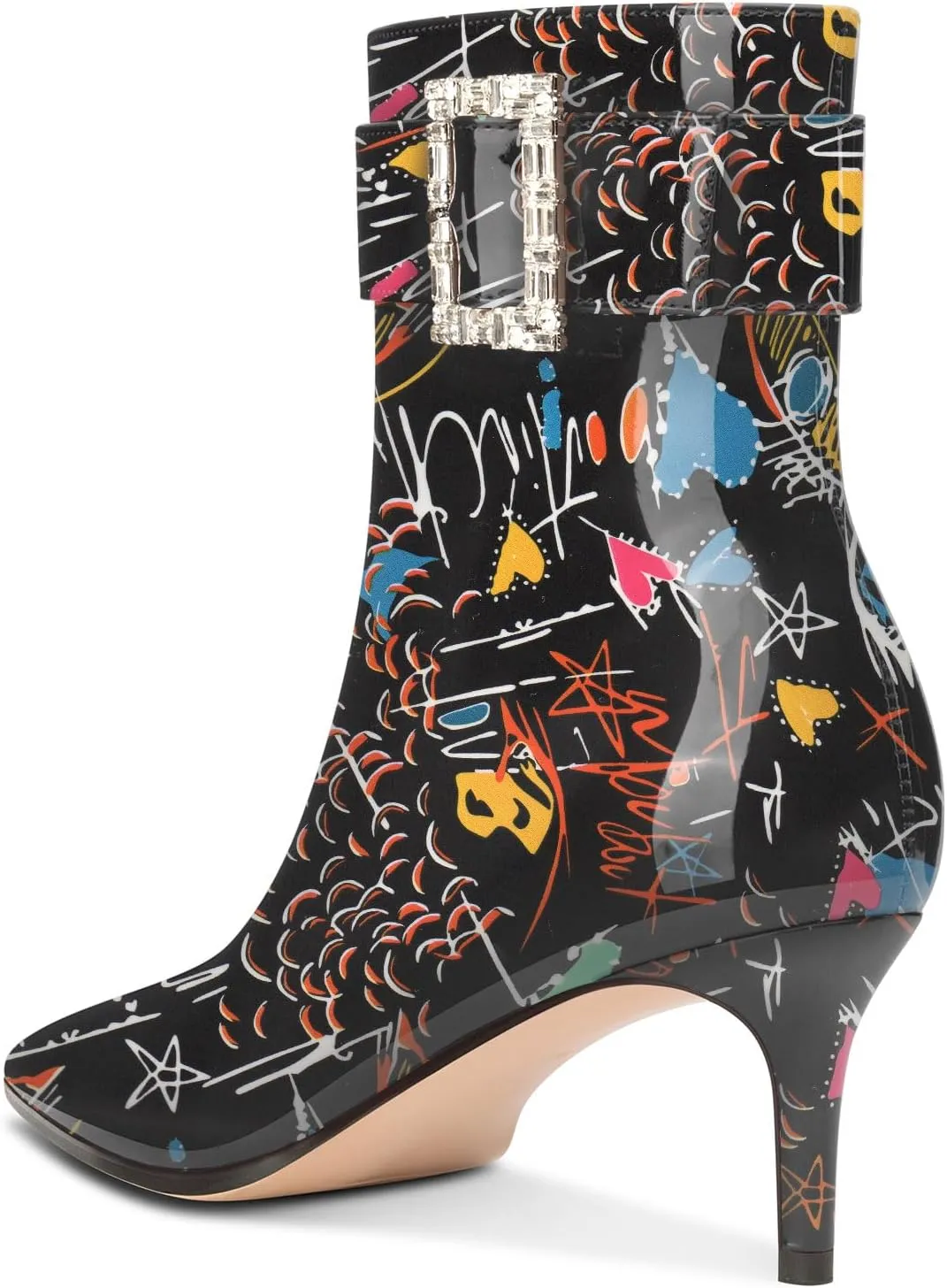 Aachcol Womens Kitten Heel Ankle Boots Pointed Toe Buckle Rhinestone Crystal Mid Calf Zipper 2.6 Inches Heels Patent Leather Dress Short Booties