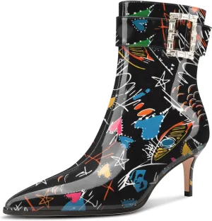 Aachcol Womens Kitten Heel Ankle Boots Pointed Toe Buckle Rhinestone Crystal Mid Calf Zipper 2.6 Inches Heels Patent Leather Dress Short Booties