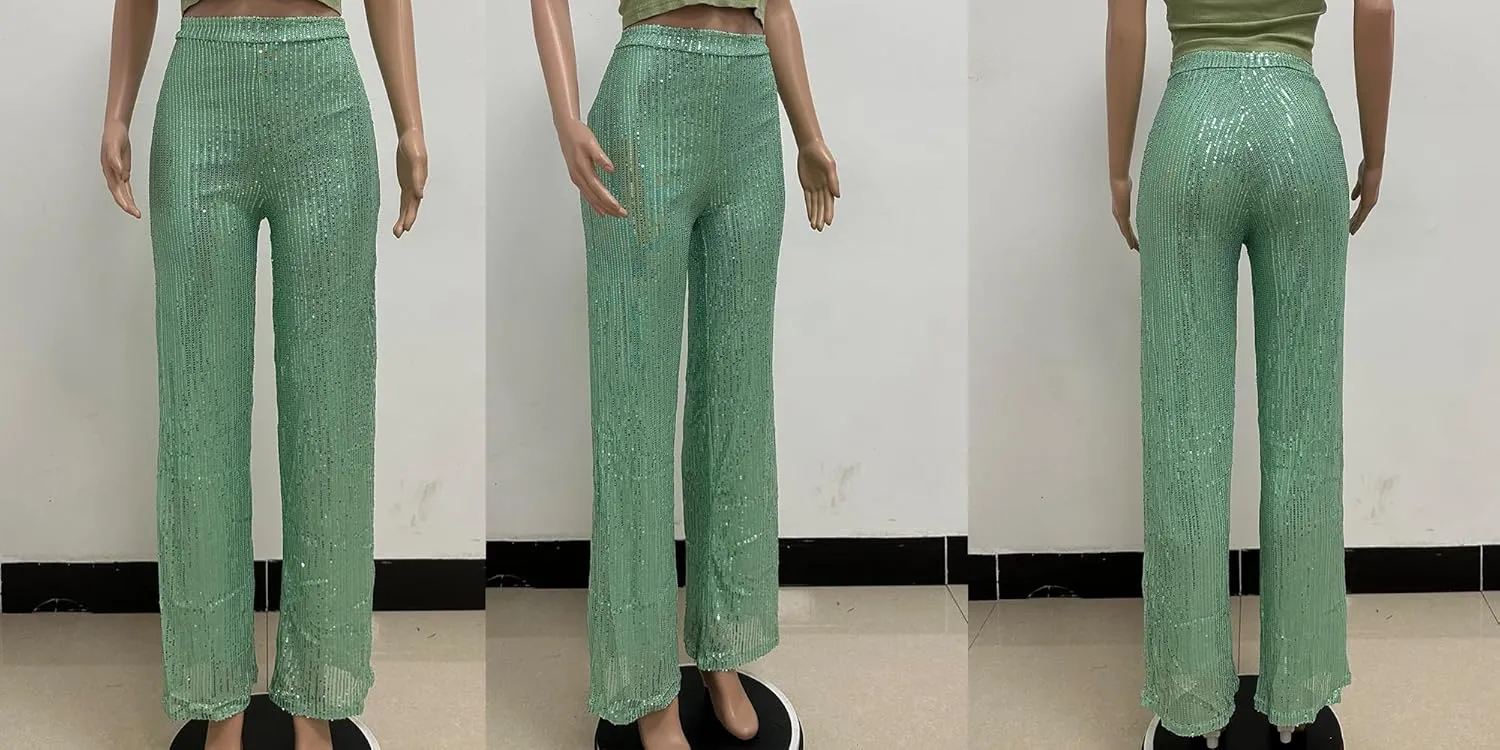 Aelidiya Women's Glitter Sequin Long Loose Pants Bling Party Clubwear Elastic Casual Pants