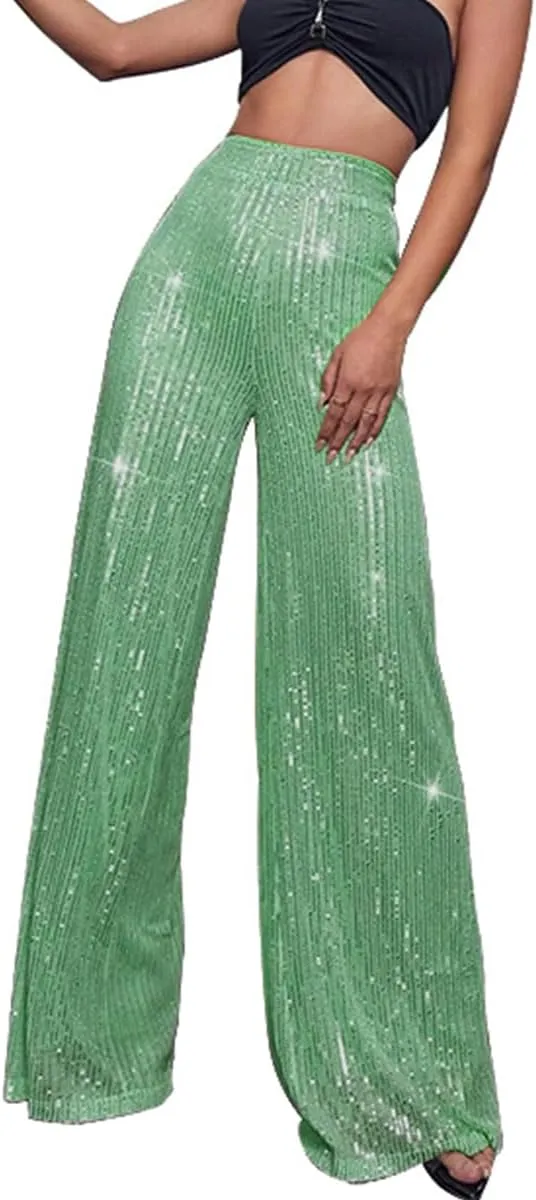 Aelidiya Women's Glitter Sequin Long Loose Pants Bling Party Clubwear Elastic Casual Pants