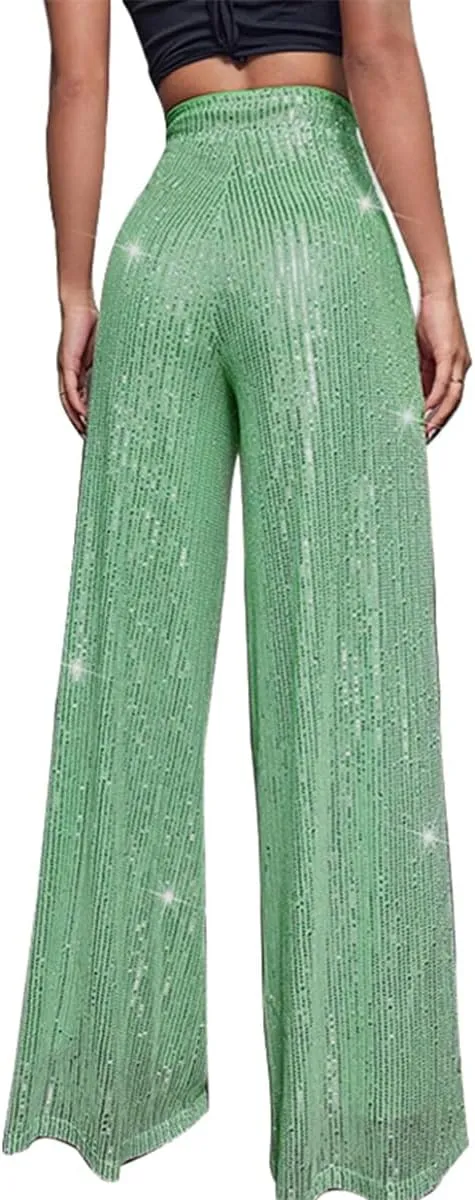 Aelidiya Women's Glitter Sequin Long Loose Pants Bling Party Clubwear Elastic Casual Pants