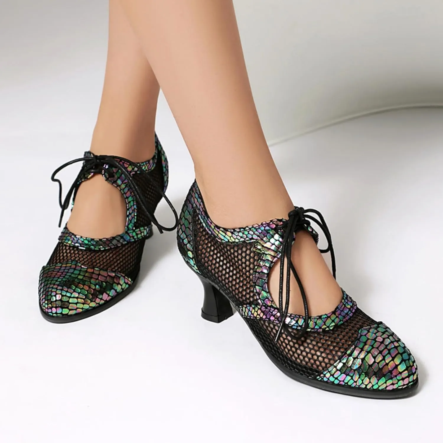 Aflngle Women's Lace Up Mesh Hollow Out Mary Jane Pumps Round Closed Toe Kitten Low Chunky Heel Patchwork Work Office Dress Shoes
