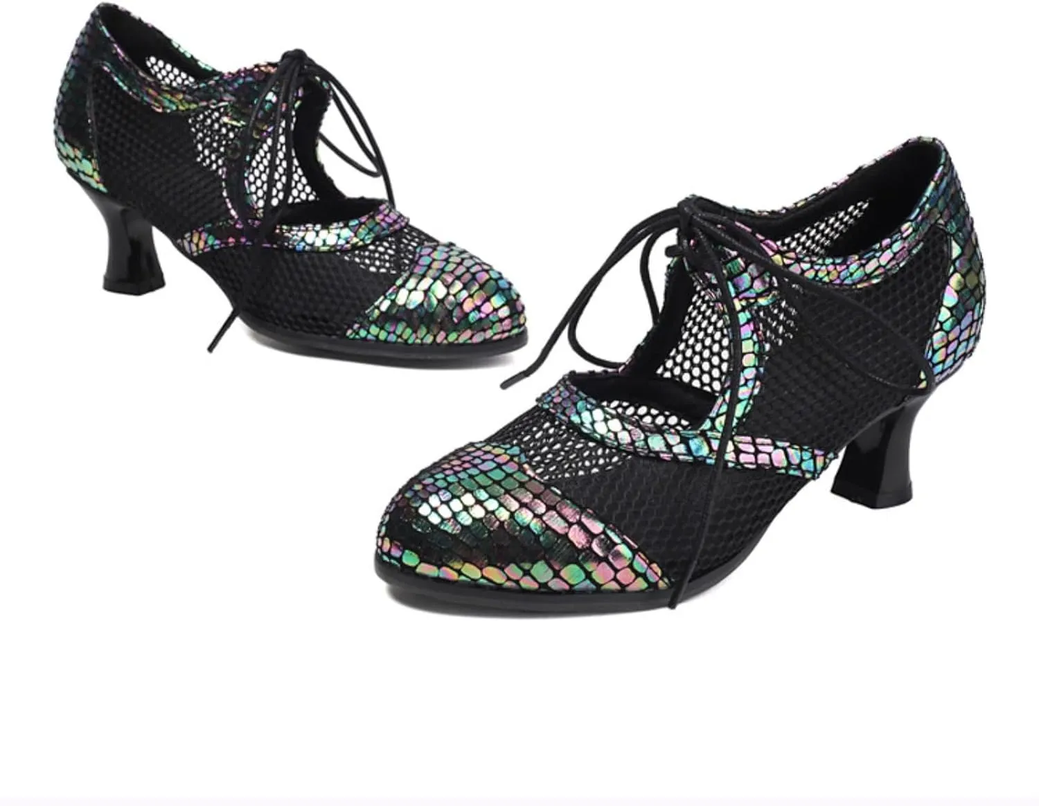 Aflngle Women's Lace Up Mesh Hollow Out Mary Jane Pumps Round Closed Toe Kitten Low Chunky Heel Patchwork Work Office Dress Shoes