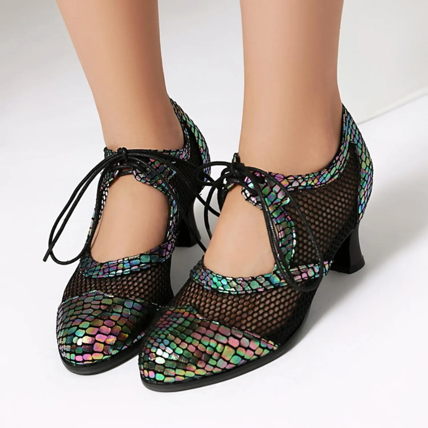 Aflngle Women's Lace Up Mesh Hollow Out Mary Jane Pumps Round Closed Toe Kitten Low Chunky Heel Patchwork Work Office Dress Shoes
