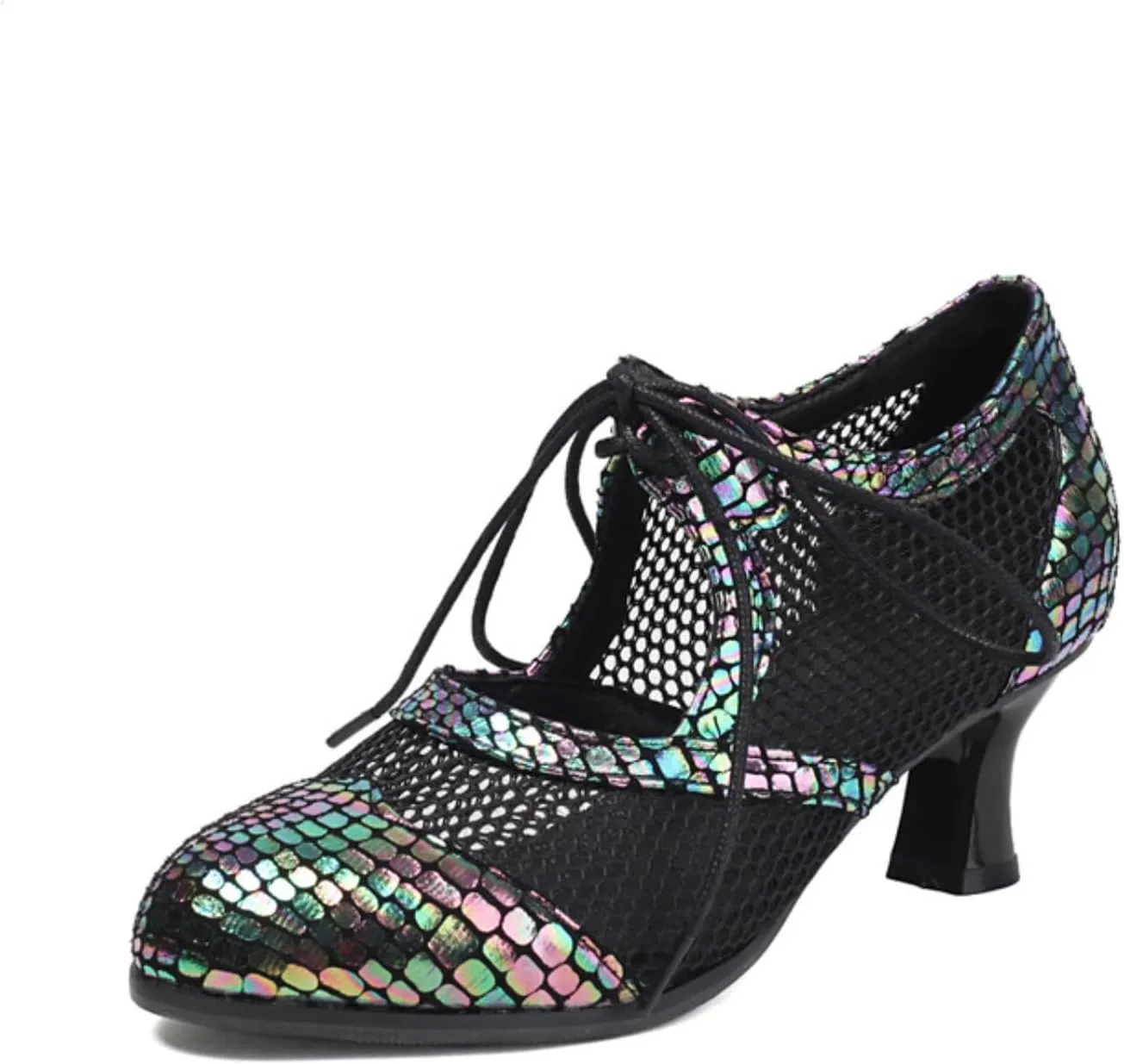 Aflngle Women's Lace Up Mesh Hollow Out Mary Jane Pumps Round Closed Toe Kitten Low Chunky Heel Patchwork Work Office Dress Shoes
