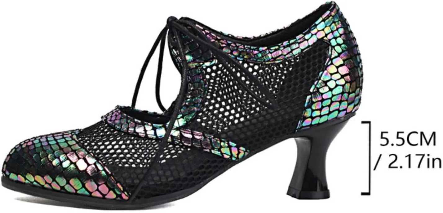 Aflngle Women's Lace Up Mesh Hollow Out Mary Jane Pumps Round Closed Toe Kitten Low Chunky Heel Patchwork Work Office Dress Shoes