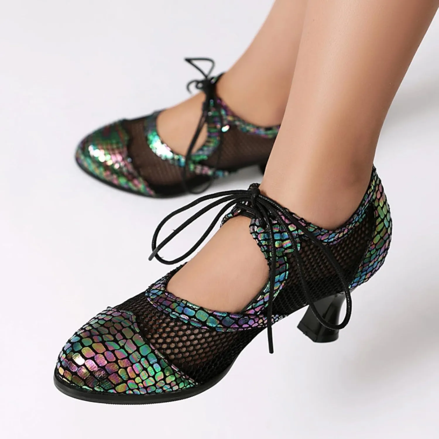 Aflngle Women's Lace Up Mesh Hollow Out Mary Jane Pumps Round Closed Toe Kitten Low Chunky Heel Patchwork Work Office Dress Shoes