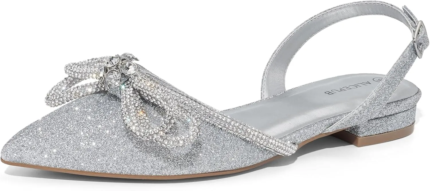 ALICEPUB Women's Pink Floral Slingback Flats Shoes with Glitter, Comfortable Latex Insoles, Slingback Design with Adjustable Buckle, Size 6