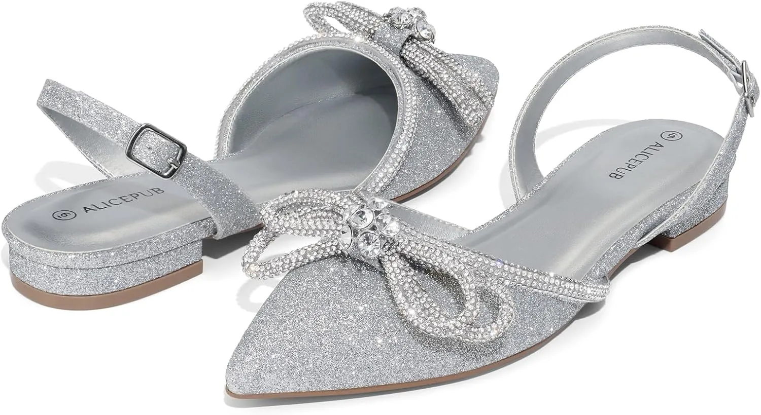 ALICEPUB Women's Pink Floral Slingback Flats Shoes with Glitter, Comfortable Latex Insoles, Slingback Design with Adjustable Buckle, Size 6
