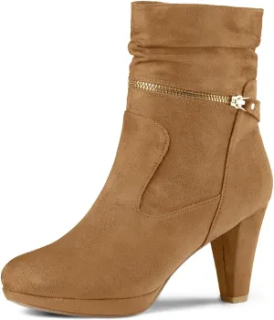 Allegra K Women's Ankle Zip Platform High Heel Mid Calf Boots