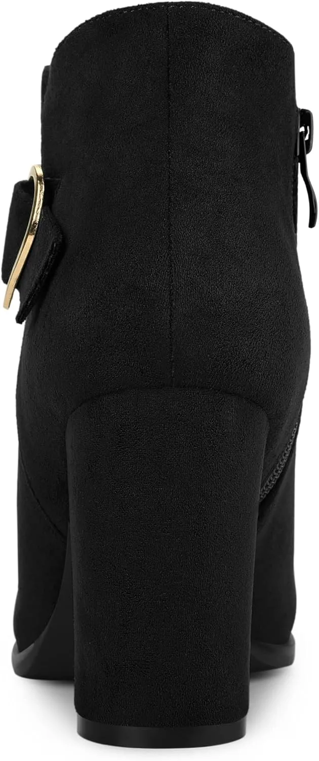 Allegra K Women's Buckle Side Zip Chunky Heels Ankle Boots