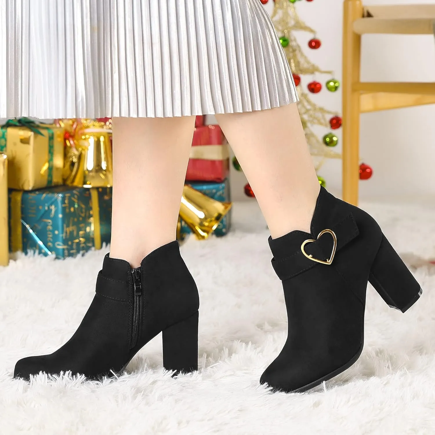 Allegra K Women's Buckle Side Zip Chunky Heels Ankle Boots