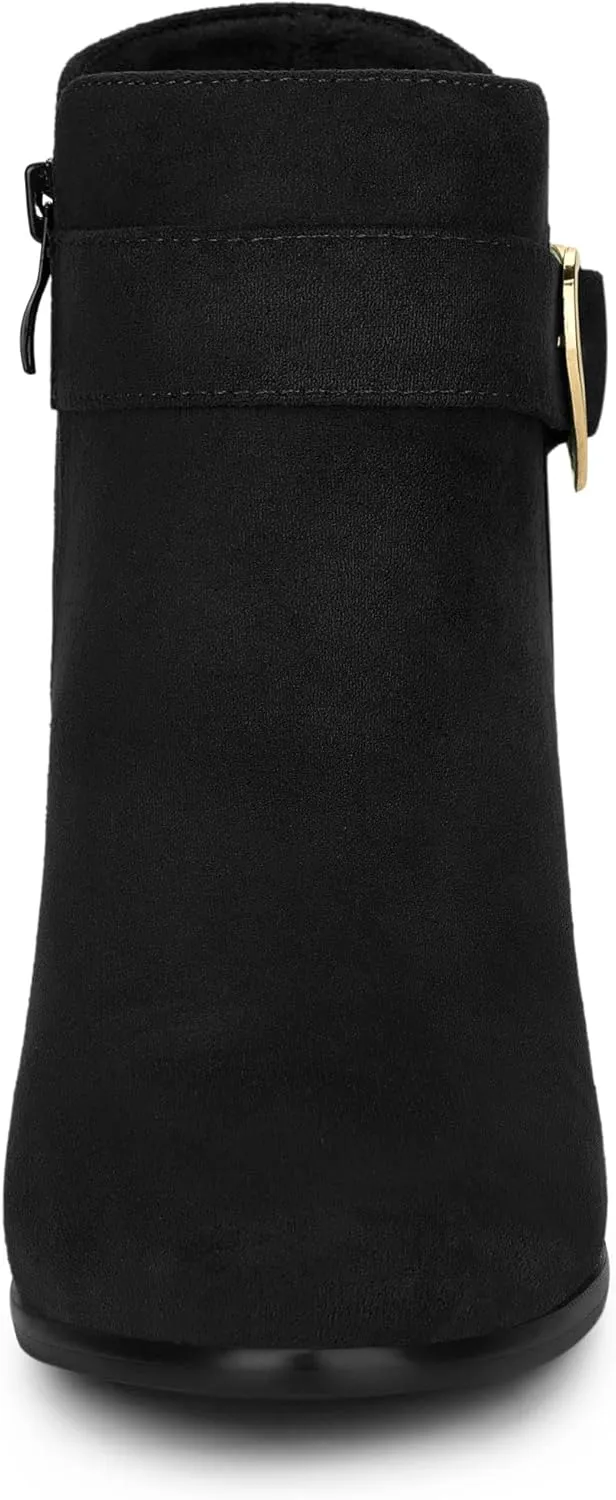 Allegra K Women's Buckle Side Zip Chunky Heels Ankle Boots