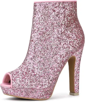 Allegra K Women's Glitter Platform Chunky Heeled Open Toe Heel Ankle Boots