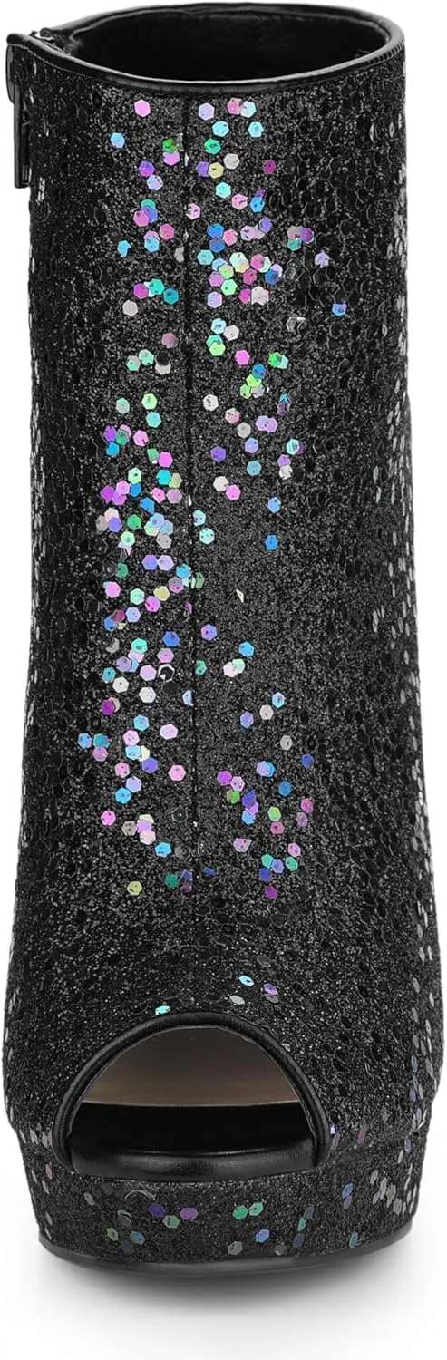 Allegra K Women's Glitter Platform Chunky Heeled Open Toe Heel Ankle Boots