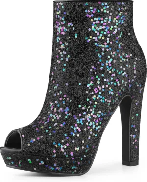 Allegra K Women's Glitter Platform Chunky Heeled Open Toe Heel Ankle Boots