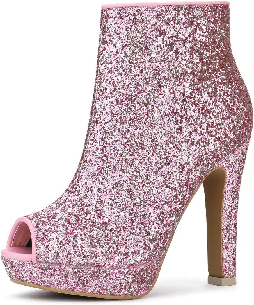 Allegra K Women's Glitter Platform Chunky Heeled Open Toe Heel Ankle Boots