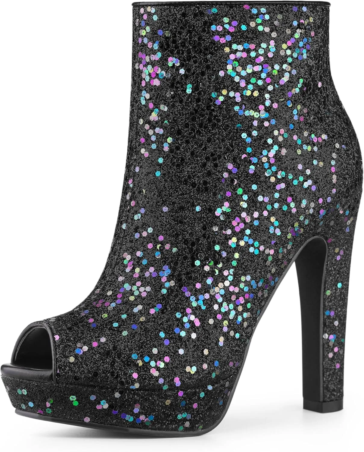 Allegra K Women's Glitter Platform Chunky Heeled Open Toe Heel Ankle Boots