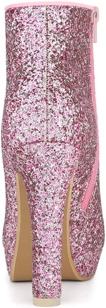 Allegra K Women's Glitter Platform Chunky Heeled Open Toe Heel Ankle Boots