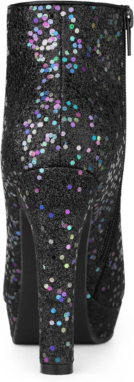 Allegra K Women's Glitter Platform Chunky Heeled Open Toe Heel Ankle Boots