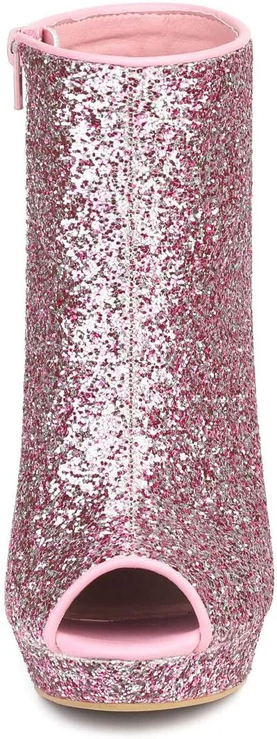 Allegra K Women's Glitter Platform Chunky Heeled Open Toe Heel Ankle Boots