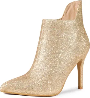 Allegra K Women's Glitter Pointed Toe Cutout Sparkly Stiletto Heels Ankle Boots