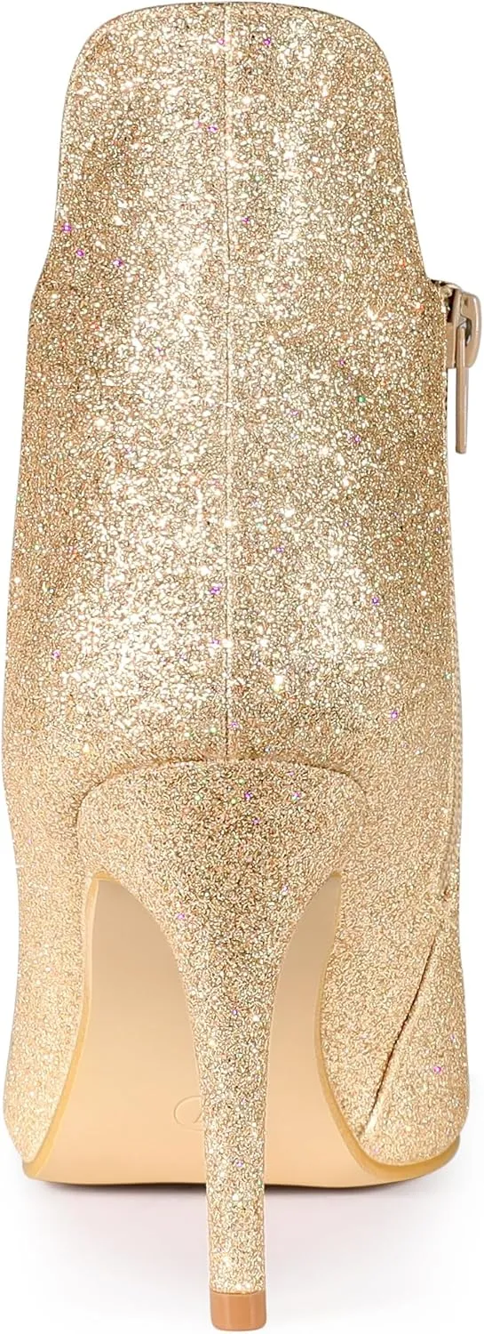 Allegra K Women's Glitter Pointed Toe Cutout Sparkly Stiletto Heels Ankle Boots